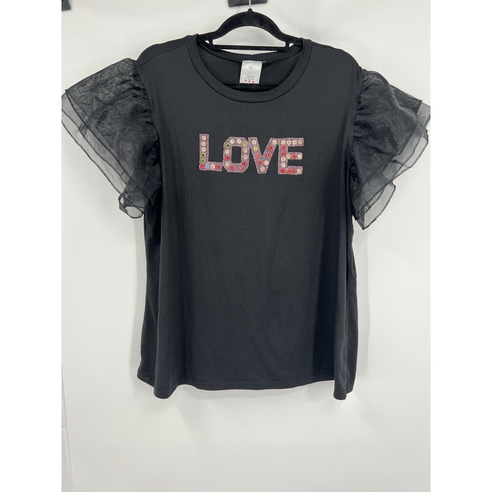 LOVE Sequined Beaded Black T Shirt Puff Sleeves Women's XL 2X See measurements